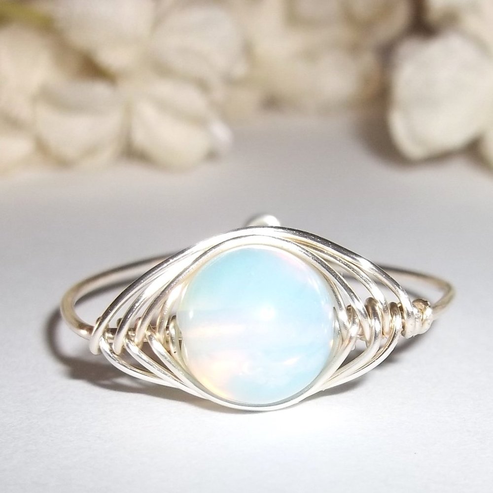 Adjustable Ring Silver Blue Moonstone Glass Beaded Wire Wrap Girl Gift Idea C373